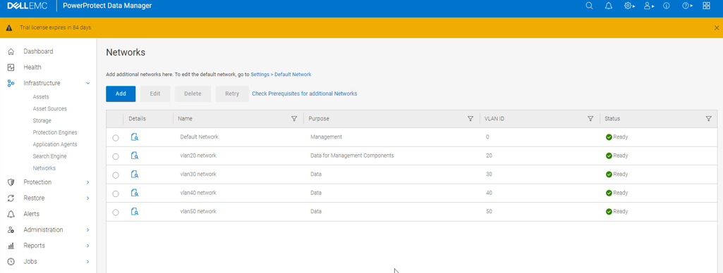 显示基础架构> 网络的 PowerProtect Data Manager