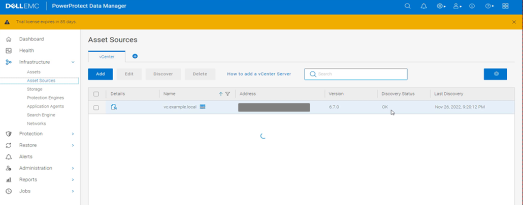 显示基础架构> 资产源的 PowerProtect Data Manager
