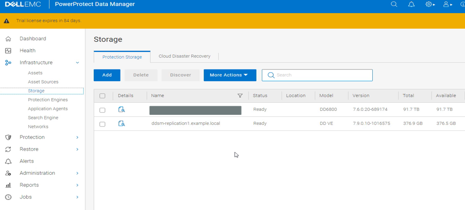 PowerProtect Data Manager 显示基础架构存储>保护存储，>显示添加的网络